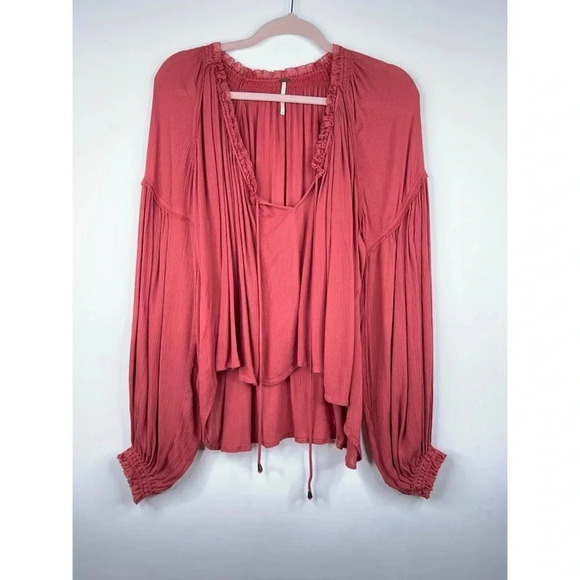 Free People Banda Blouse Red Relaxed Raglan Long Sleeve Oversized Relaxed XS - Picture 1 of 10